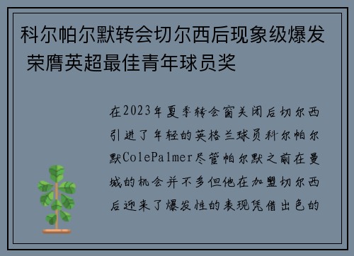 科尔帕尔默转会切尔西后现象级爆发 荣膺英超最佳青年球员奖